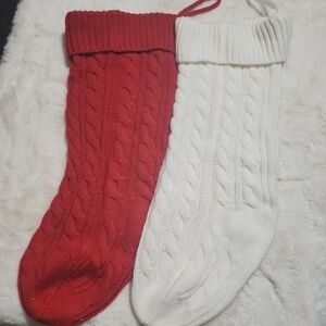 Red and White Cable Knit CHRISTMAS Stockings. 100% Acrylic. Set Of 2 Total.